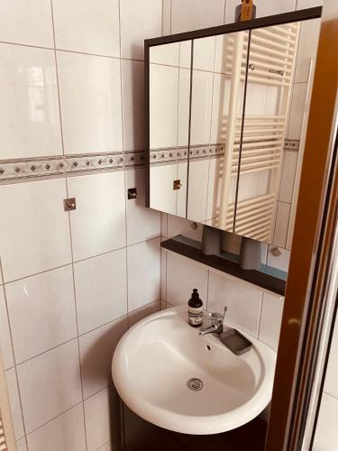 a bathroom with a sink and a mirror at Ferienhaus Gartenblick in Brieden in Brieden