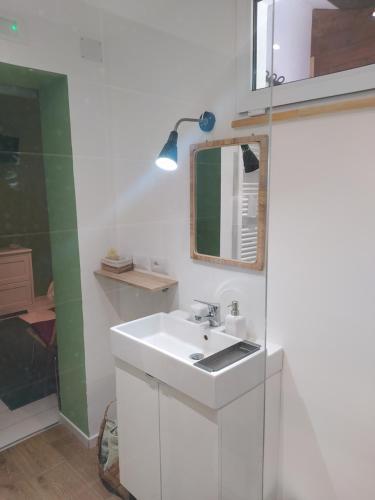 y baño con lavabo blanco y espejo. en B&B Rifugio Della Luna, en Satriano di Lucania