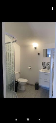 une salle de bain blanche avec des toilettes et un lavabo dans l'établissement La Cigogne, à Éclaron