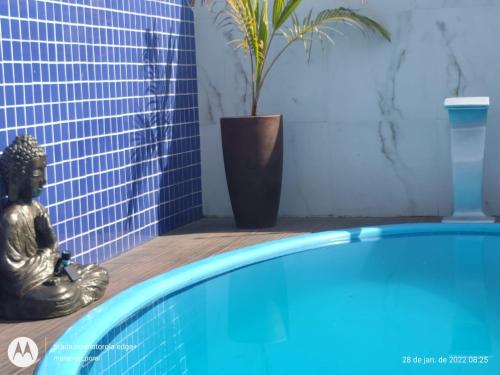 a blue swimming pool with a statue next to a plant at Blue Hostel in Natal