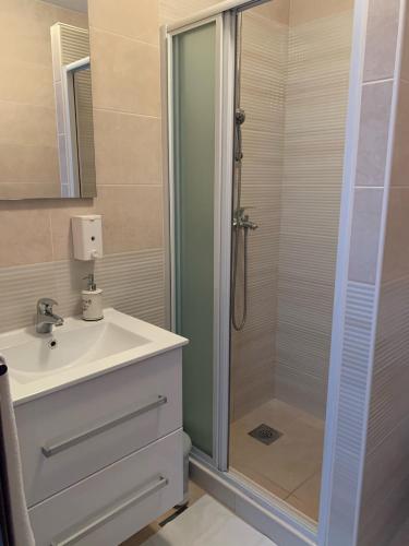 a bathroom with a glass shower and a sink at Apartments Epidaurus in Cavtat