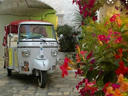 a small white car parked next to some flowers at Wine Suite in Torricella