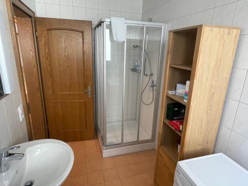 a bathroom with a shower and a toilet and a sink at Ferienwohnung im Gerberhaus in Gammertingen