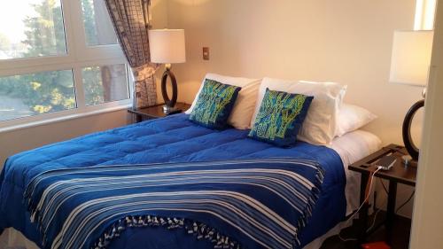 a bedroom with a bed with blue sheets and a window at Porto Belo VIP in Temuco
