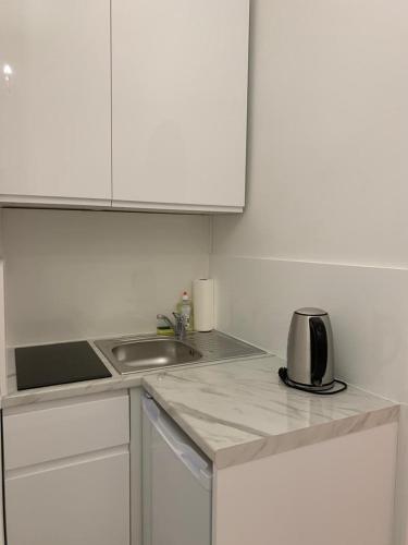 a white kitchen with a sink and a microwave at Prater Zentrum in Vienna