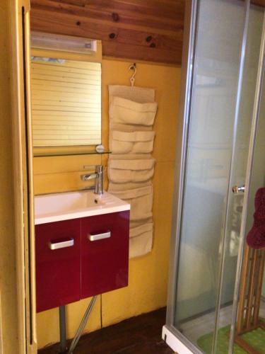 y baño con lavabo, ducha y toallas. en Roulotte Fenouillet, en Hyères