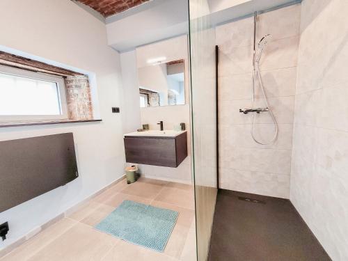 a bathroom with a shower and a sink at Au bout de mes rêves in Walcourt