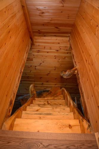 an inside view of a wooden sauna with wooden stairs at Ville Uskoci in Žabljak
