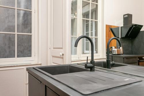a kitchen with a sink and two faucets at La Suite Napoléon 75m2 timeless stay in Béziers