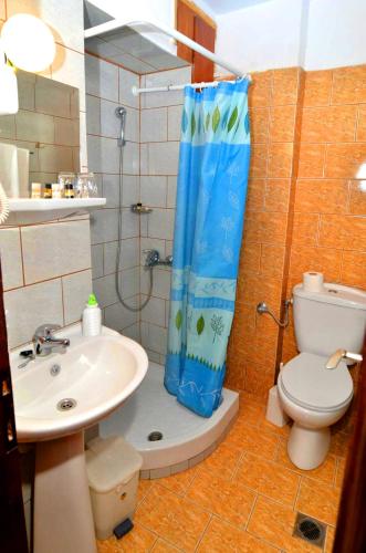 a bathroom with a shower with a toilet and a sink at Hotel TRIADA in Limenaria