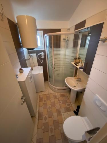 a bathroom with a shower and a toilet and a sink at Apartments-LUCKY STAR,NOVALJA -PAG in Novalja