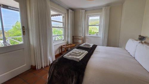 a bedroom with a large bed and two windows at Belvidere102 in Knysna