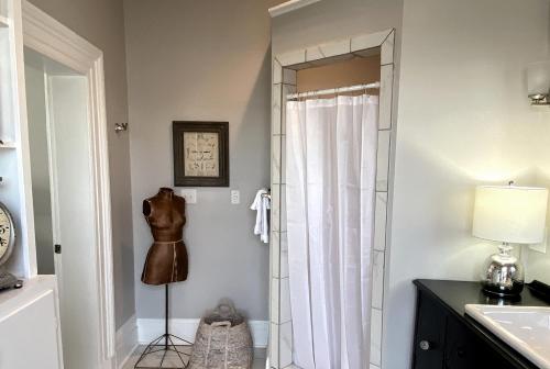 a bathroom with a shower with a mirror at Hotel Laurance in Luray