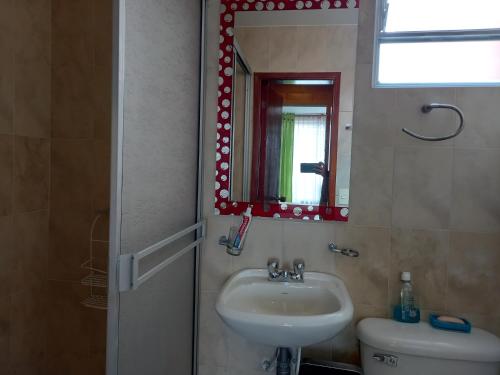 a bathroom with a sink and a mirror and a toilet at CASA cerca a la ESTACIÓN del tren en PAIPA in Paipa