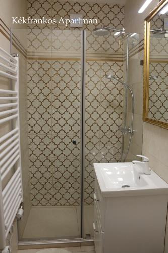 a bathroom with a shower and a sink at Bem Villa Apartman, Kőszeg in Kőszeg