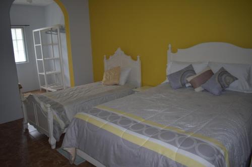 two beds in a bedroom with yellow walls at Villa Vicente in Vila Nova Sintra