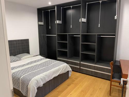 a bedroom with a bed and a desk and shelves at Superbe appartement au RDC avec parking gratuit in Villerupt