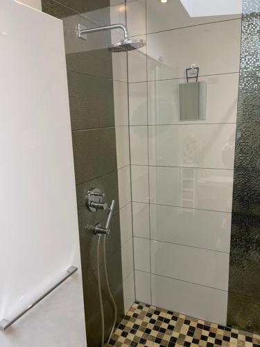 y baño con ducha y puerta de cristal. en Superbe appartement au RDC avec parking gratuit, en Villerupt
