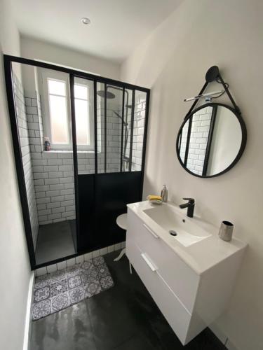 une salle de bain avec un lavabo blanc et un miroir dans l'établissement Proche du Stade Omnisports et à pied du Lac, à Vichy