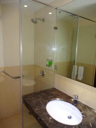 a bathroom with a sink and a glass shower at Astoria Hotels Madurai in Madurai