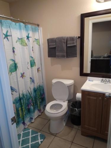 a bathroom with a toilet and a shower curtain at Anglers Hideaway Cabins Extended Stay in Mead