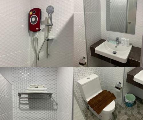 twee foto's van een badkamer met toilet en wastafel bij ทริปเปอร์ โฮเทล in Ubon Ratchathani