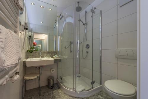 a bathroom with a shower and a toilet and a sink at Hotel Restaurant Hansjakob in Hagnau