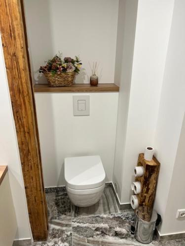 a bathroom with a white toilet in a room at Ranna Apartment in Võru
