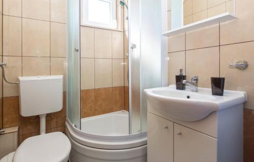 La salle de bains est pourvue de toilettes, d'un lavabo et d'une douche. dans l'établissement Vacation home Bruna, à Pisak
