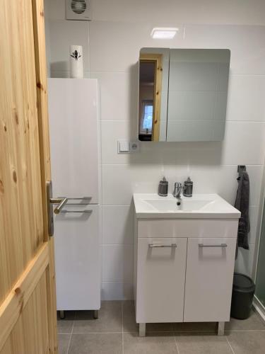 W białej łazience znajduje się umywalka i lustro. w obiekcie Apartmant u Bukové Hory w mieście Verneřice