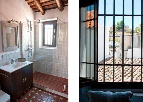 two pictures of a bathroom with a sink and a window at CR La Cuadra in Constantina