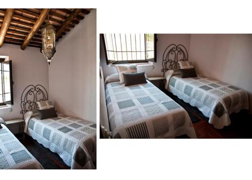 two pictures of a room with two beds in it at CR La Cuadra in Constantina