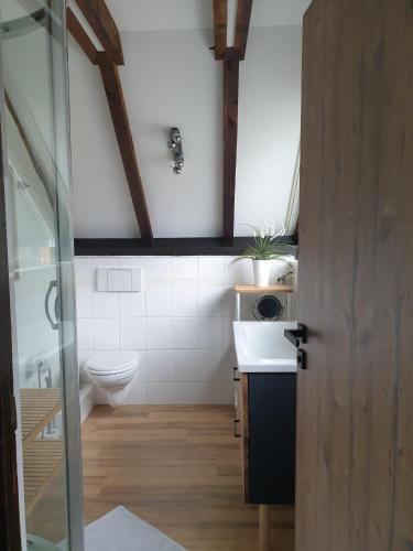 a small bathroom with a toilet and a sink at Ferienhaus Chiemgauer Auszeit- Chiemgaukarte inclusive in Siegsdorf