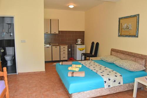 una camera con letto blu e una cucina di Riverside Apartments Chiara a Ulcinj