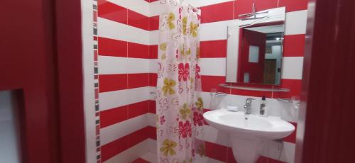 バクーにあるLarge and central apartment in the heart of Baku, close to Icheri Sheher Metro station and the Fountain Squareの赤と白のバスルーム(シンク、鏡付)