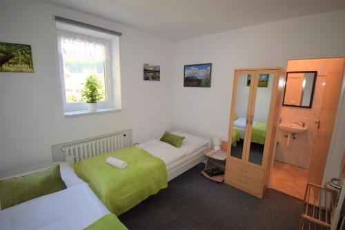 una camera d'albergo con due letti e una finestra di Pension St. Moritz a Železná Ruda