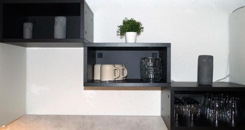 a shelf in a kitchen with mugs and a plant at Bergkristall Apartments in Ischgl
