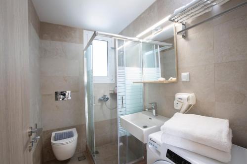 ein Bad mit einer Dusche, einem WC und einem Waschbecken in der Unterkunft Anthemis Luxury Villas in Lygia