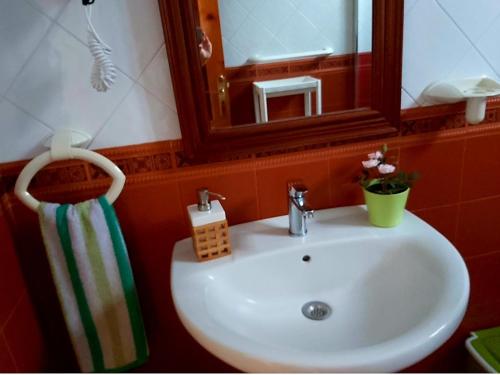 a bathroom sink with a mirror and a towel at Vv - Casa Clary -Finca Medina in Alojera