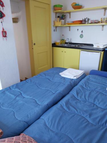 a blue bed in a room with a kitchen at Bilocale Elena 40mq in Conca dei Marini