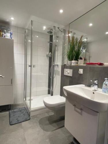 a bathroom with a shower and a toilet and a sink at Habitat Himmelgeist in Düsseldorf