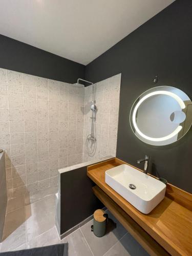 een badkamer met een wastafel en een spiegel bij Villa Pwintosel 1 in Saint-Leu