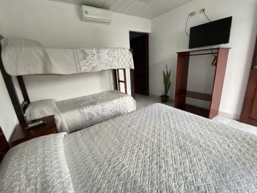 a bedroom with a bed and a flat screen tv at Hotel Alicia in Fortuna