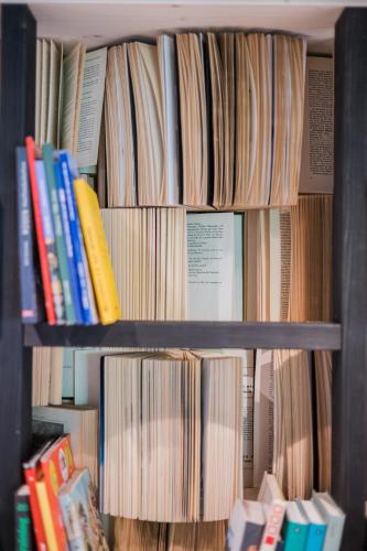 a book shelf filled with lots of books at Koasa-Hof Ganzes Ferienhaus und Sauna 5 Zimmer 240mq in Cadipietra