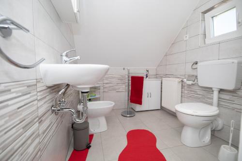baño con lavabo, aseo y alfombra roja en Studio Apartman Poljančić, en Ravna Gora