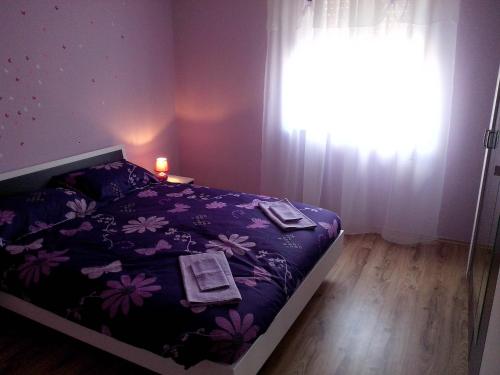 1 dormitorio con 1 cama con edredón morado y ventana en Apartment Sanja, en Pazin