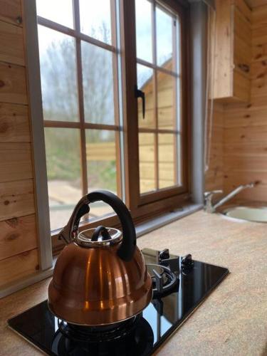 a tea kettle sitting on top of a stove in a kitchen at Beautiful Wooden tiny house, Glamping cabin with hot tub 2 in Tuxford