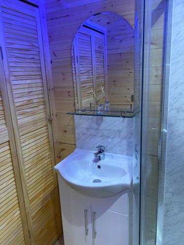 a bathroom with a sink and a mirror at Bryn Glamping in Coychurch