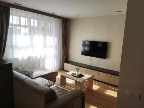 sala de estar con sofá y TV de pantalla plana en Nikoletos apartamentai, en Panevėžys