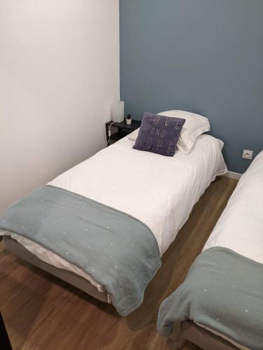 - une chambre avec 2 lits et un oreiller dans l'établissement Appartement 10A - RDC-centre ville-local vélo, à Malestroit